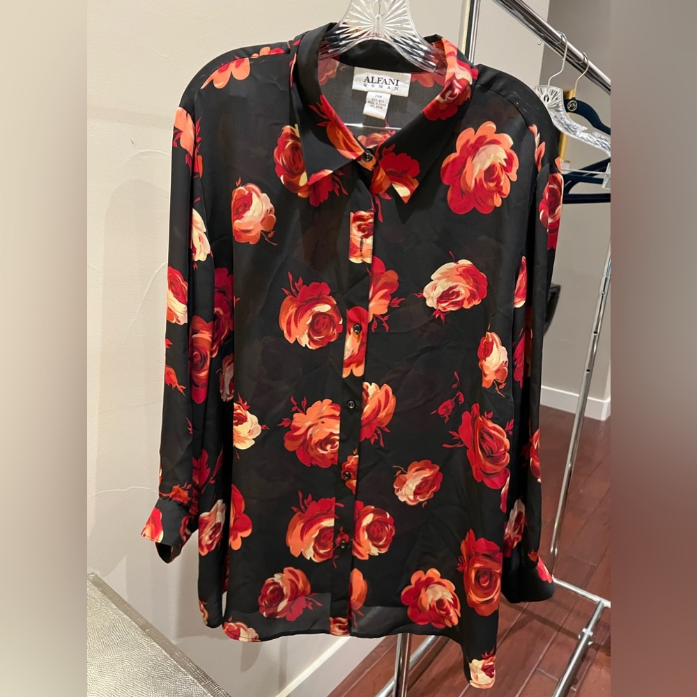 Alfani Black Blouse with Red and Orange Floral Print